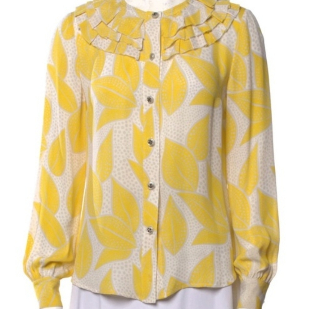 Tory Burch 100% Silk Logo Button Down Yellow Leaf Print Blouse L